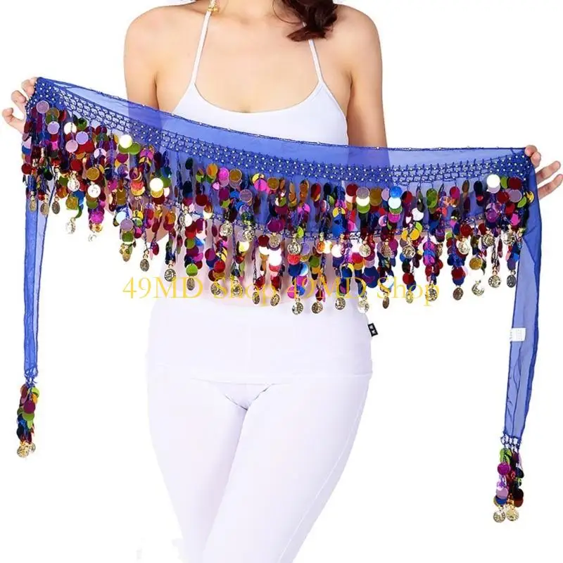 49MD Flickering Belly Dance Practicing Waist Belt Tassels Scarf Wrap Costume Hip Scarf Dance Skirt Wrap Colorful Sequins