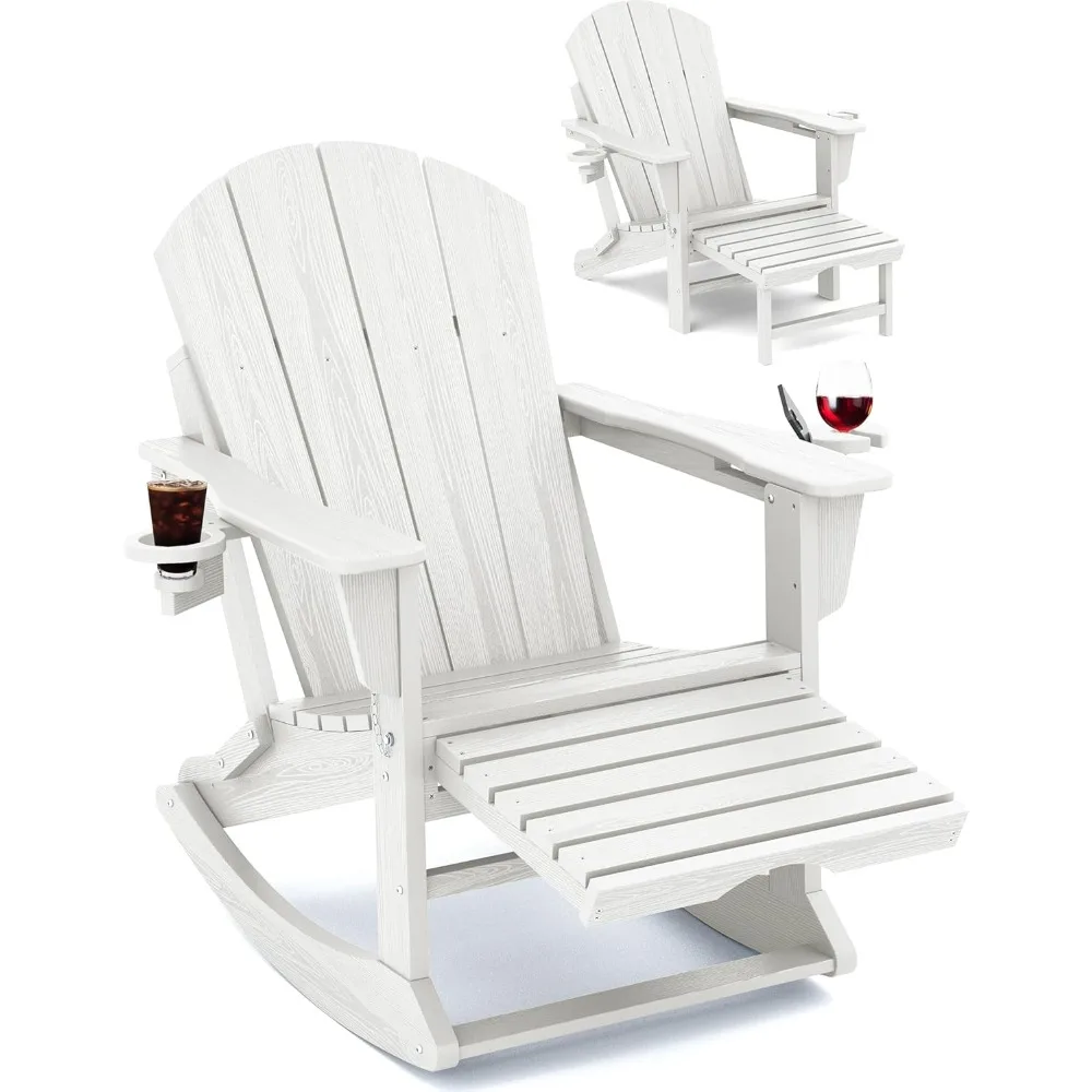 

Adirondack Rocking Chair with Retractable Ottoman and Cup Holders, HDPE Adirondack Rocker Patio Rocking Chair for Porch,
