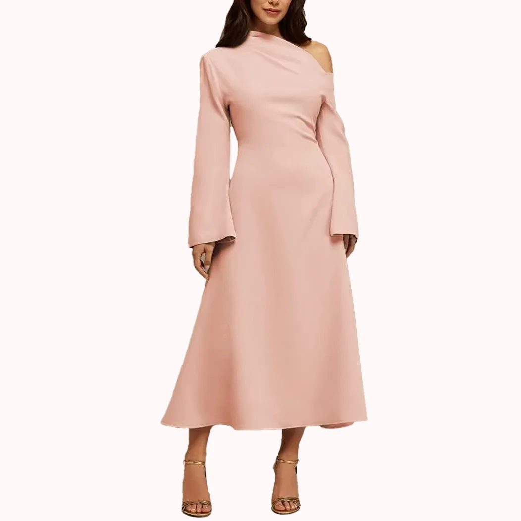 Abiti da sera monospalla rosa 2025 Abiti da sera alla caviglia a maniche lunghe in raso a trapezio Abiti da cerimonia per invitati personalizzati