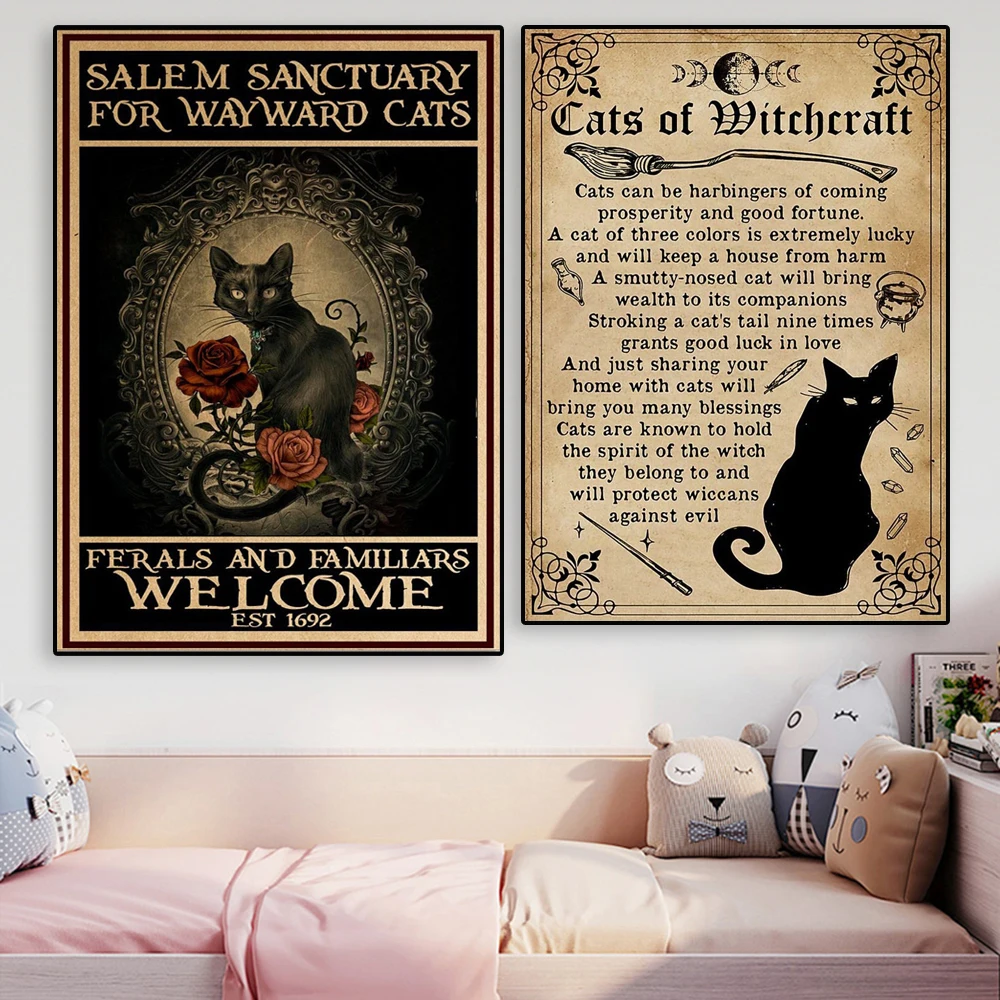 

Vintage Cat Of Witchcraft Poster Wall Art Black Cat Halloween Decor Salem Cat Print Halloween Witch Decoration Canvas Painting