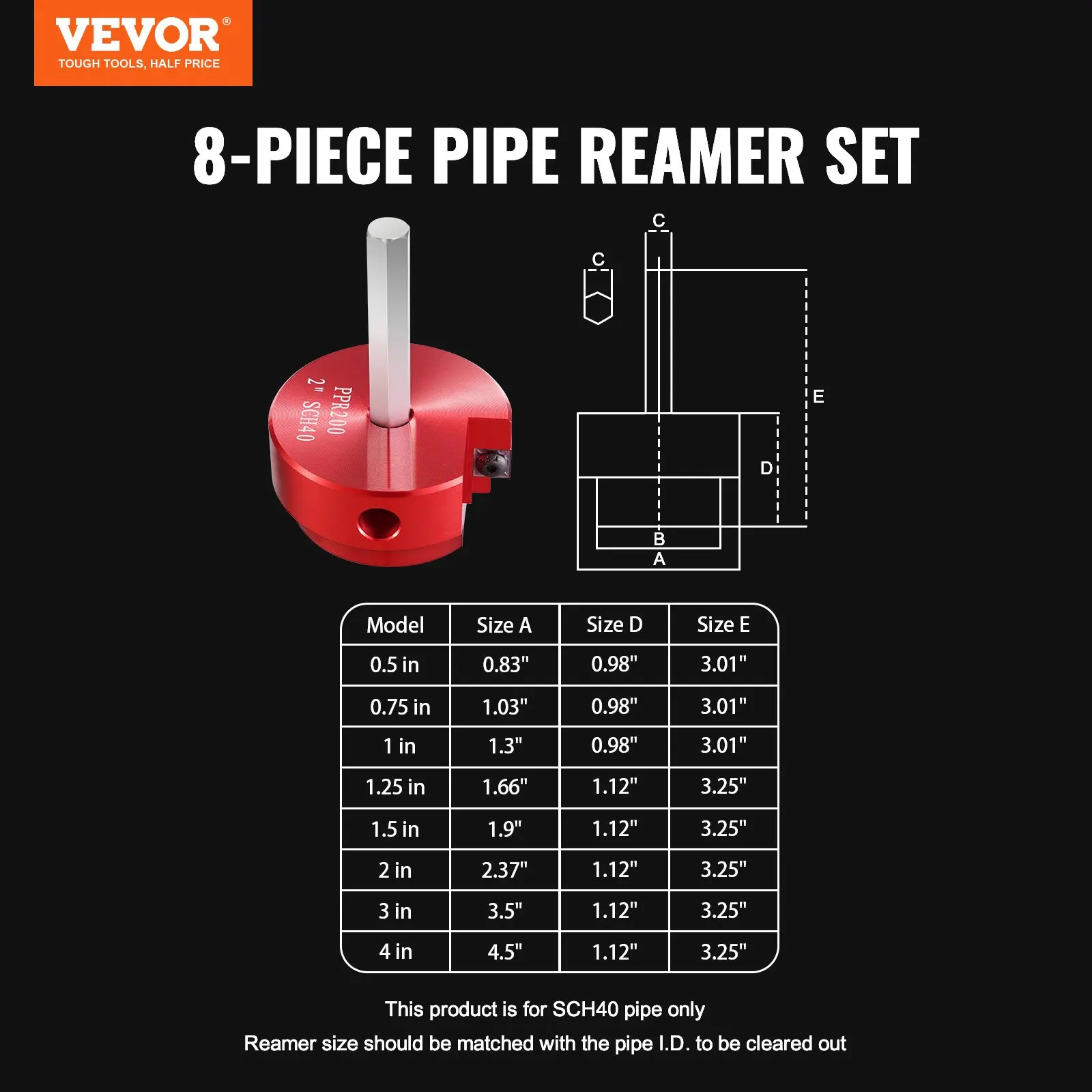 

8Pcs PVC Pipe Reamer Kit, 8-Piece, Plastic Pipe Fitting Socket Saver Kit, Includes 1/2'', 3/4", 1", 1-1/4'', 1-1/2", 2", 3",