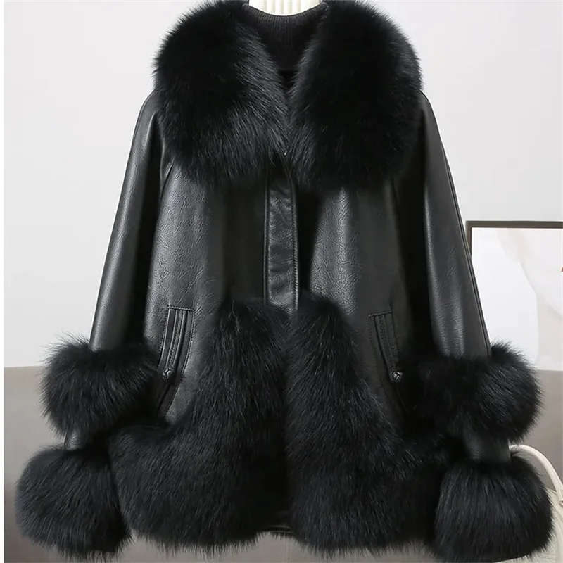 Black Fur Jacket For women 2024 Winter New Korean version PU leather Imitation Fox fur Short Coat Fashion Thicken Parka Overcoat