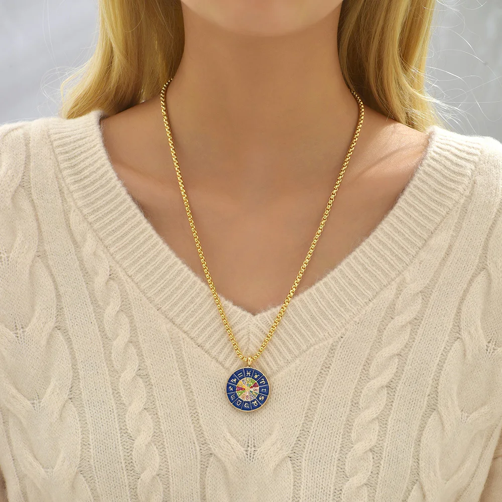 Cute Eyes Heart Palm Zodiac Signs Necklace For Women Double Sided Enamel Star Pendant Collar Gold Color Stainless Steel_maomaolike.com