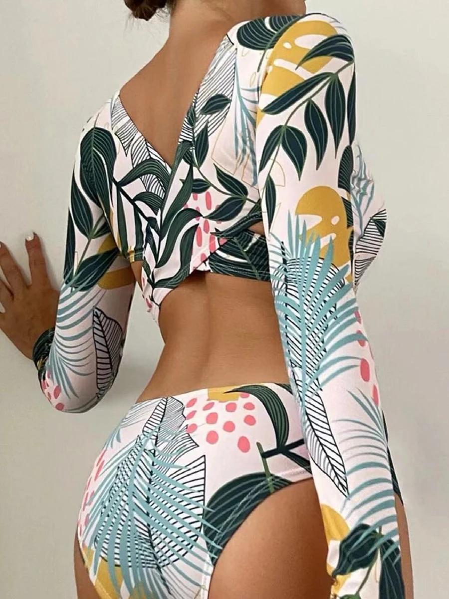 2026 Print Long Sleeve Swimsuit One Piece Sexy Hollow Out Cross Swimwear Women Bathing Suit Padded Beachwear Swimming Summer