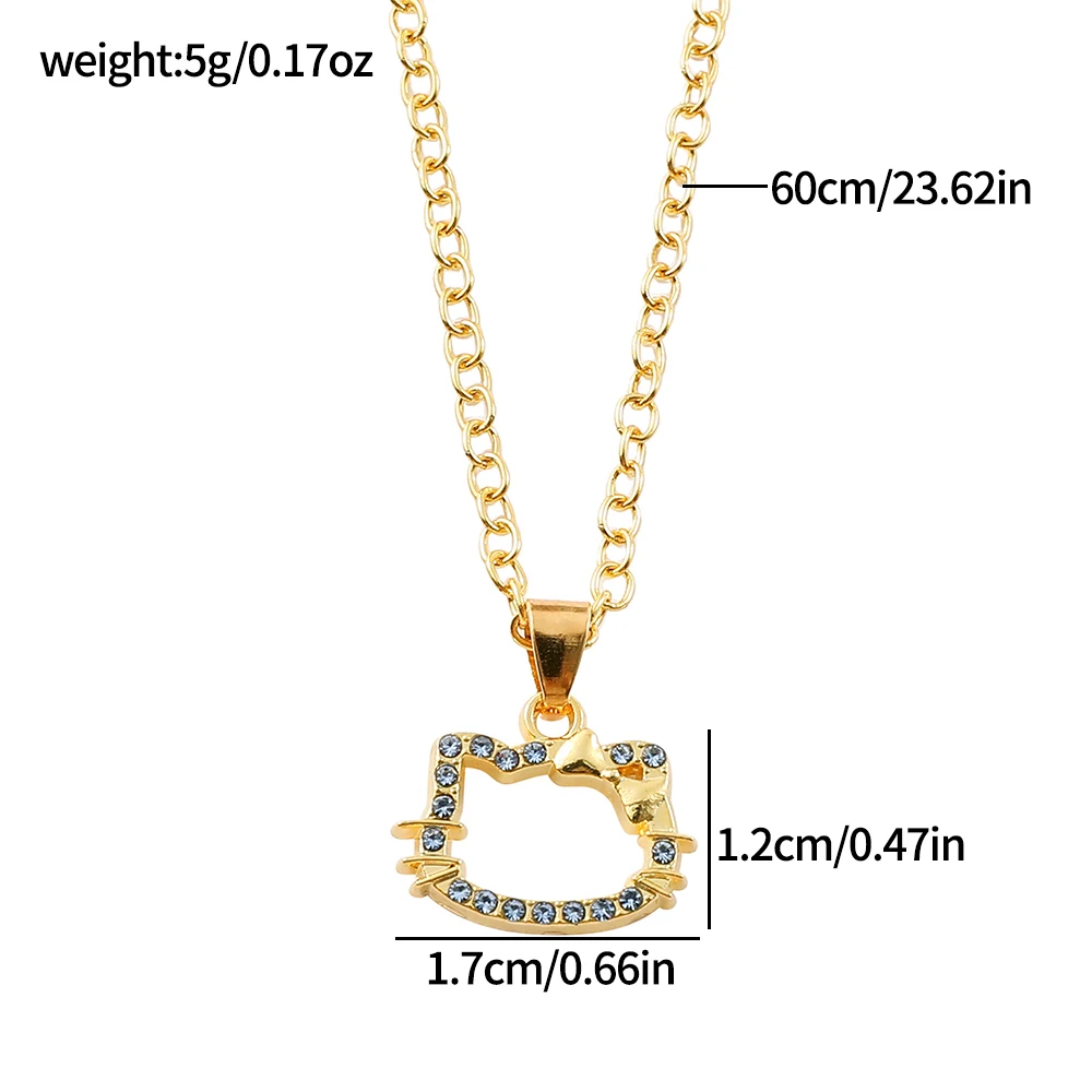 6Pcs Lovely Hello kitty Chain Necklace Sanrio Anime Kids Ring Cute Cartoon Hollowed Kitty Diamonds for Women Girls Birthday Gift