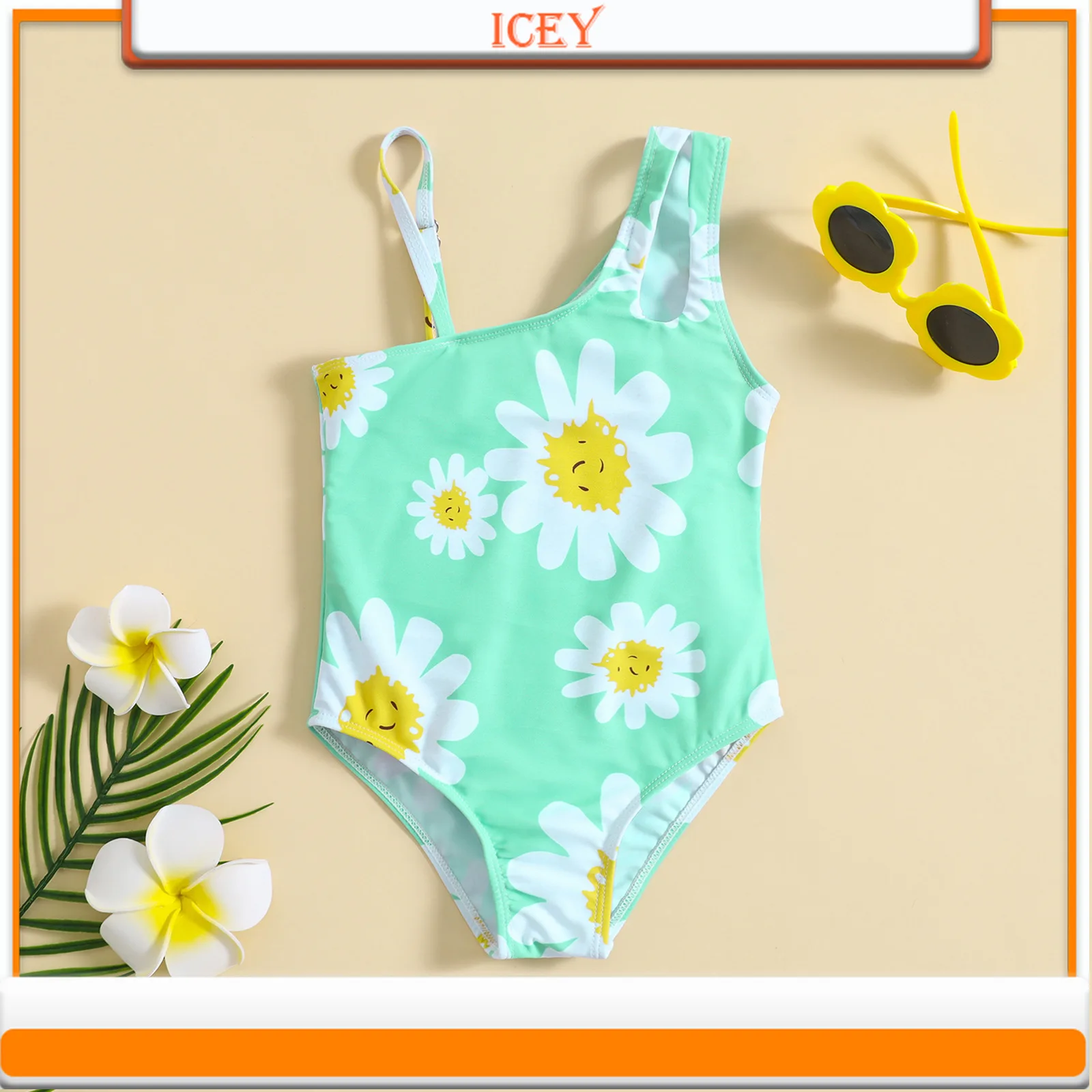 Girl Flower One Shoulder Suspenders One-piece Beach Swimsuit By The Sea Swimsuit Children One-Piece Suits