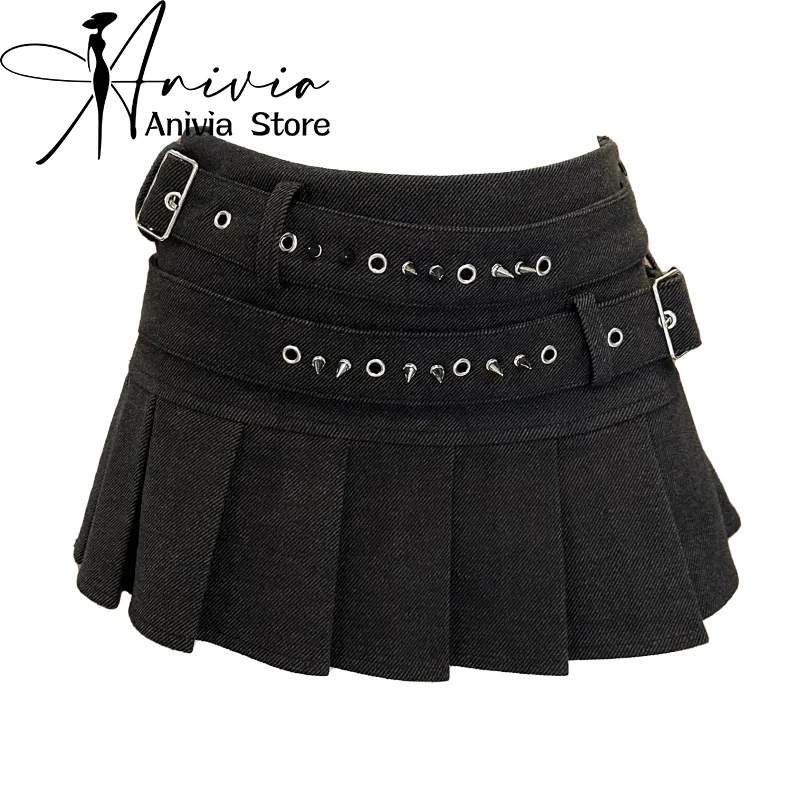 Women's Black Gothic Rivet Mini Skirt Y2K Korean Edition High Street Aesthetics Academy Retro A-line Mini Denim Skirt Clothing