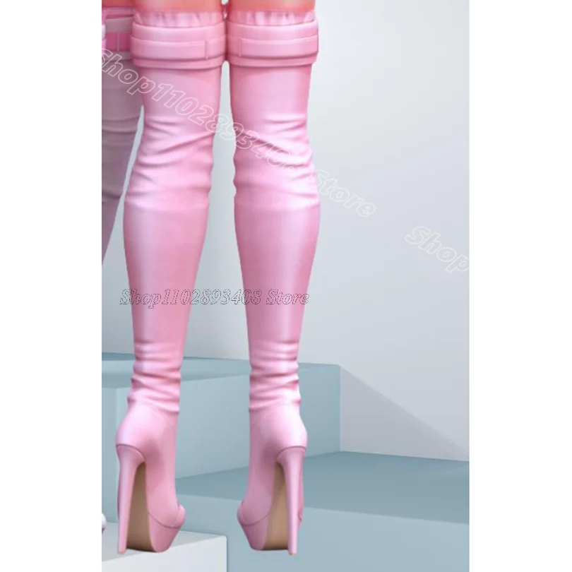 Pink Trim Belt Buckle Platform Boots Round Toe Stiletto Side Zipper Party Casual Women Over Knee Boots 2024 Zapatos Para Mujere