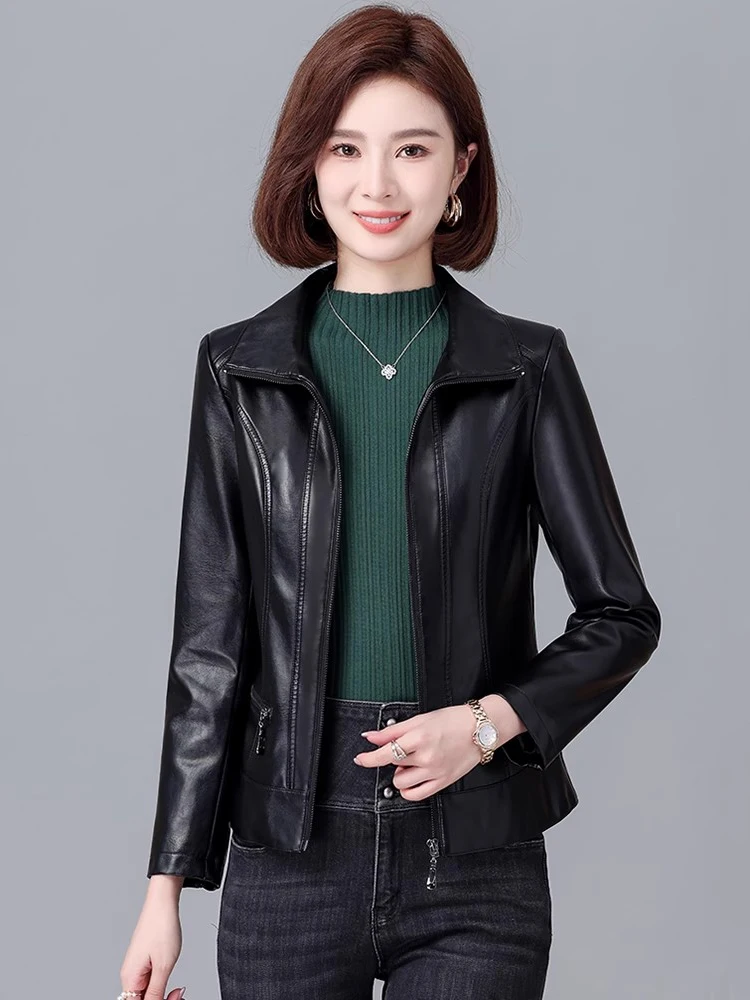 New Women Casual Moto Biker Leather Jacket Spring Autumn Fashion Turn-down Collar Long Sleeve Short Split Leather Coat