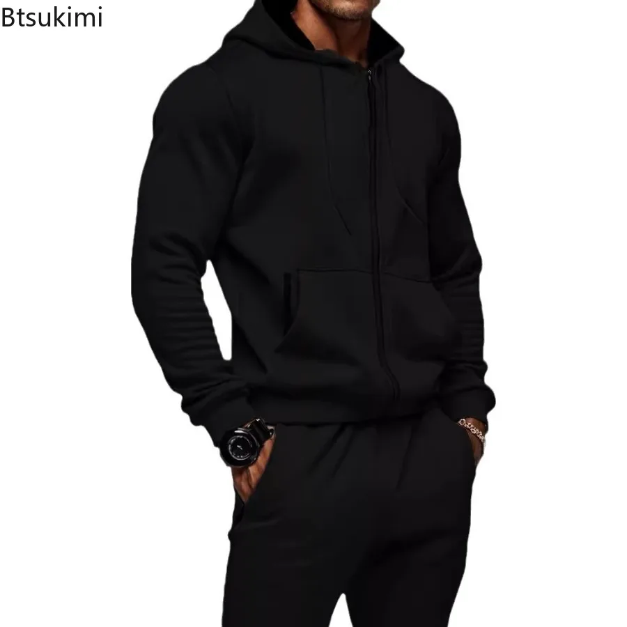 2025 New Men's Hoodies Sets Thicken Fleece Warm Long Sleeve Zipper Sweatshirts Pants 2 Piece Sets Autumn Winter Tracksuits Male