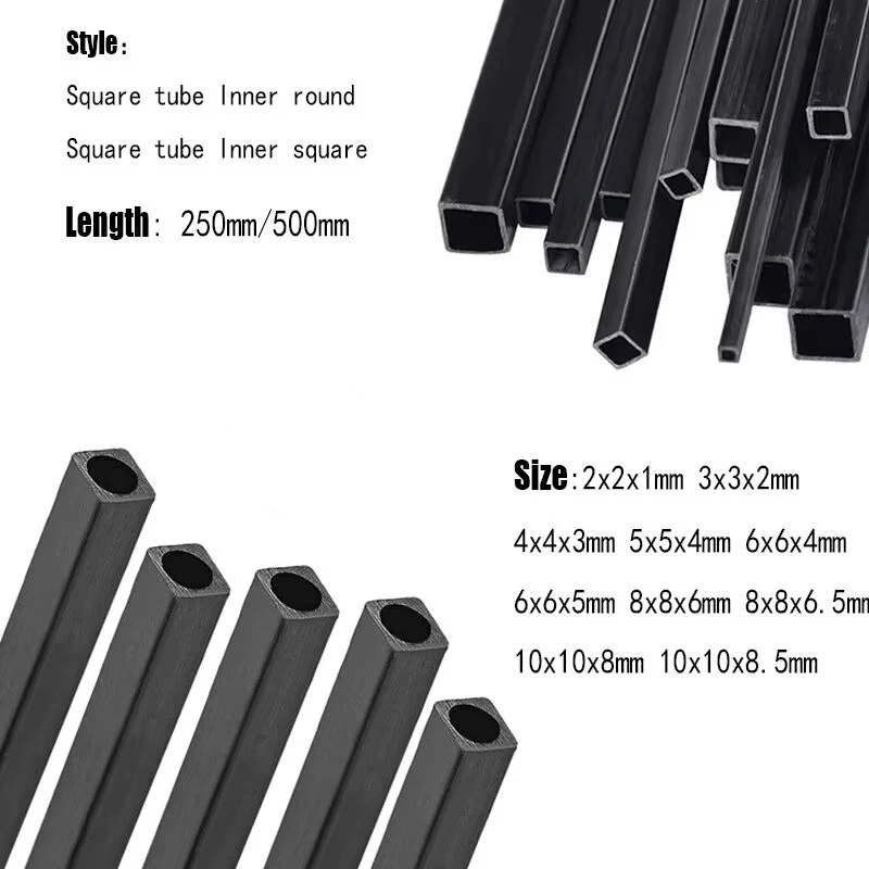 1/2/3 Stück Kohlefaser-Vierkantrohr 2/3/4/5/6/8/10mm X 250/500mm, innen rund & quadratisch, für Drohnen- und Modellbau – Detail 1