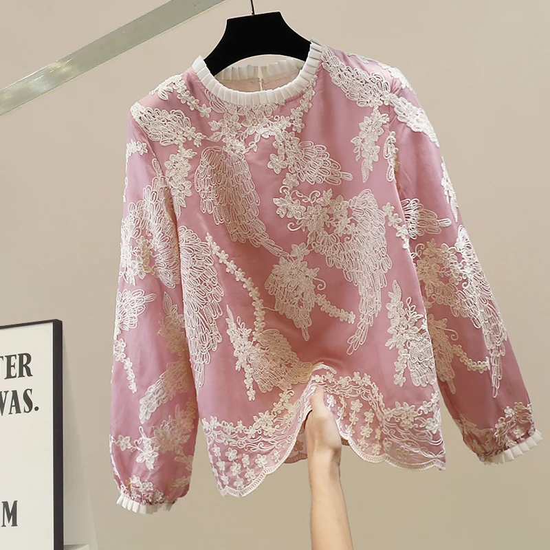 

Faionable Heavy Embroidery Patchwork irt Design Loose Long Sve Top Luxury Sle Breathable Lace Fabric ort Length