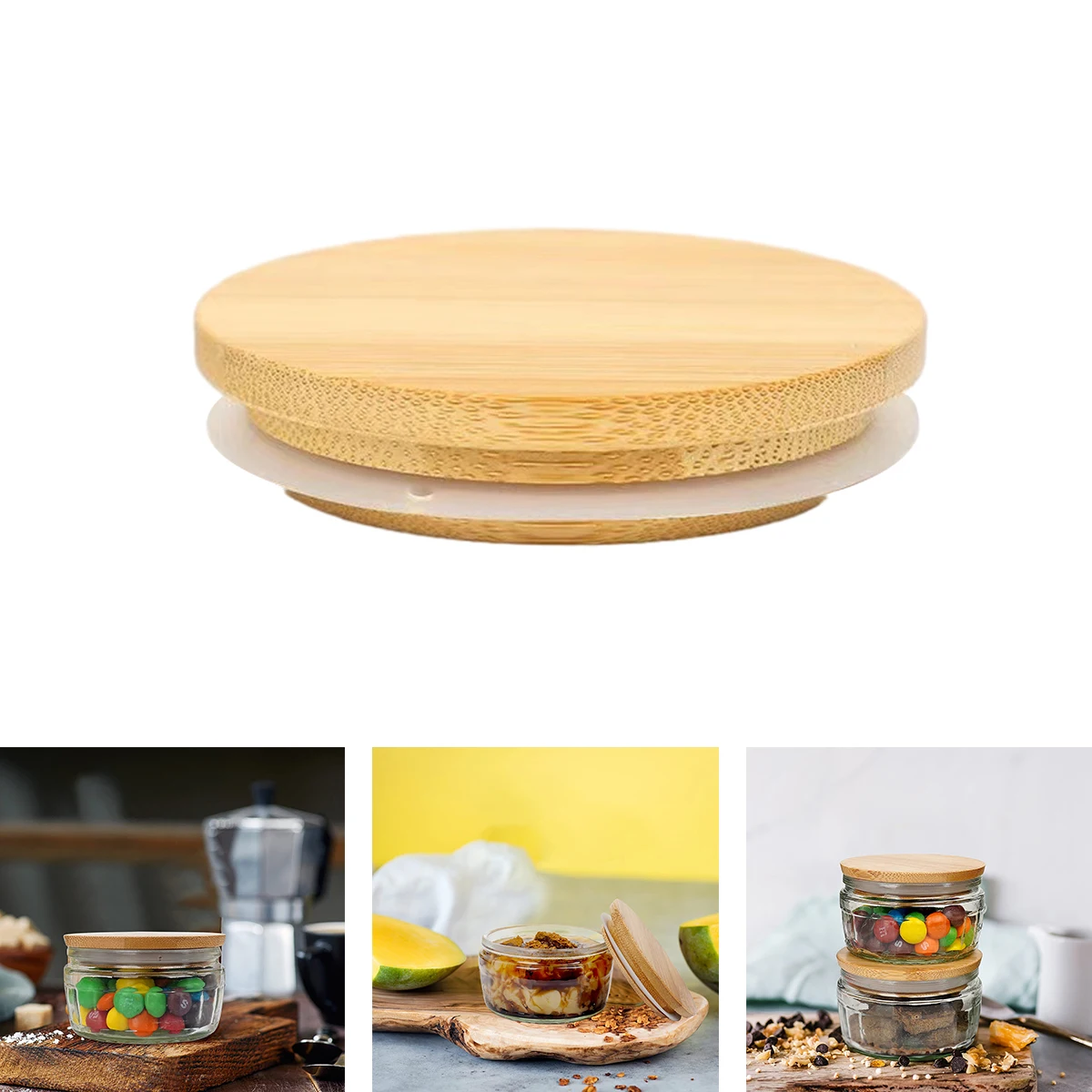 Bamboo Lid, Reusable, Puds Cheesecake Jars, Glass, Compatible, Can Lids, Airtight