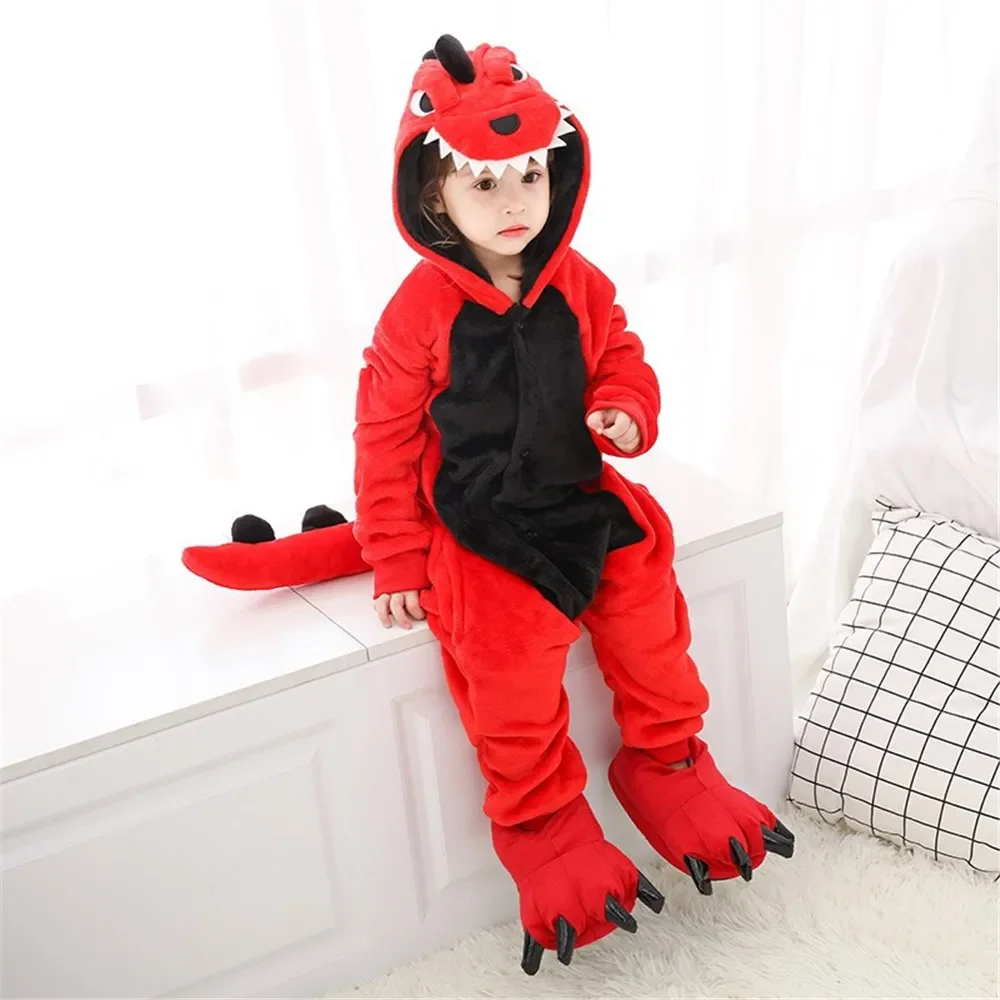 Red Dinosaur Kigurumi Onesie Pajamas Set Animal Cosplay Costume Pink Cute Winter Warm Soft Flannel Jumpsuit Children Party Wear