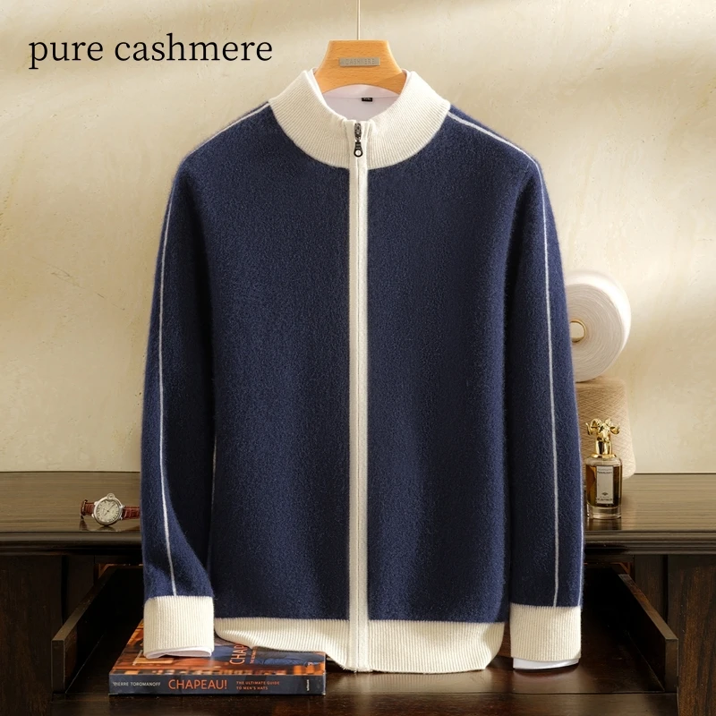 عالية الجودة 100% سترة الكشمير المعنقة الرجال نصف عالية الرقبة سستة سترة 2025 الخريف/الشتاء سميكة الدافئة المتناقضة سترة