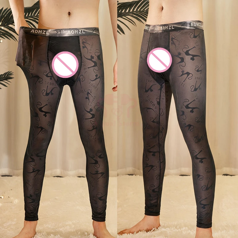 Men's Side Crotch Lace Ultra-Thin Breathable Long Johns Boxers Slim Fit Summer Gym Leggings Skinny Sexy Stokcings Sleep Bottoms