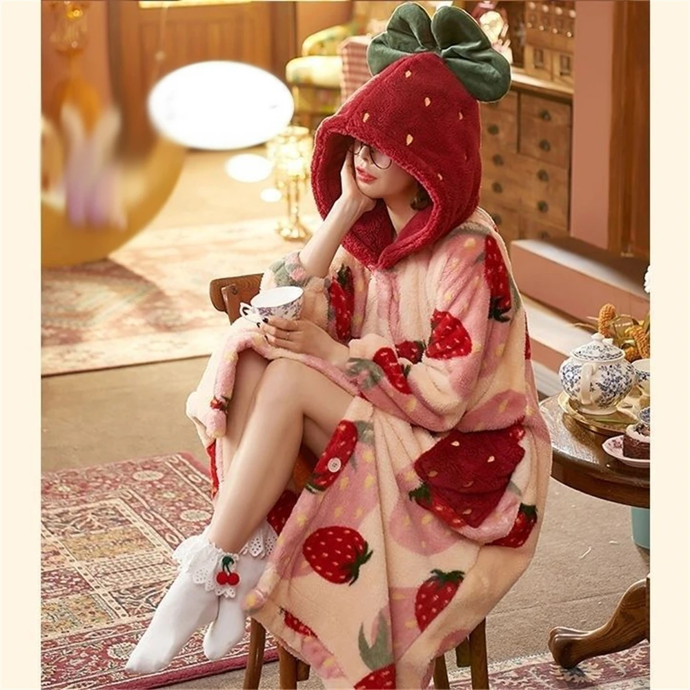 Winter Cute Cartoon Strawberry Hooded Nightgown Lady Thickened Warm Long Robe Coral Fleece Outer Wear Pajamas Princess Sleepwear