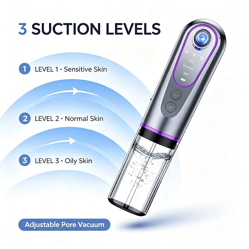 Water Oil Separation Blackhead Remover Vacuum Cleaner 3 Gear Adjustable Suction 3 Color Light Therapy Facial Pore Cleaning Tool