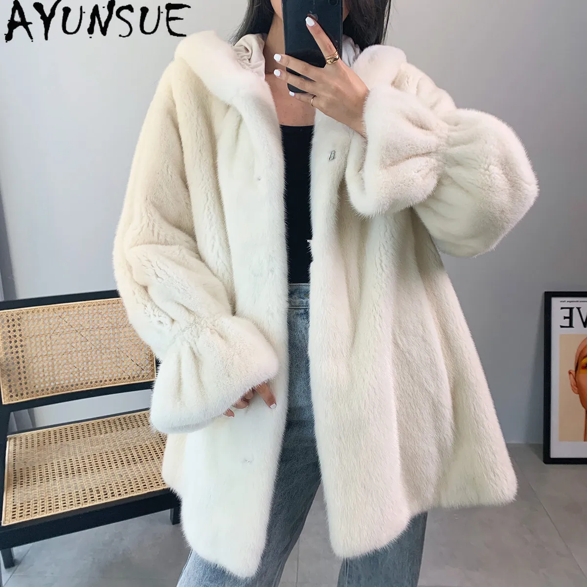 AYUSNUE Natural Mink Coat Women Clothes Velvet Whole Mink Fashion Winter Jacket Woman Warm Mid-long Hoodie Шуба Натуральный Мех