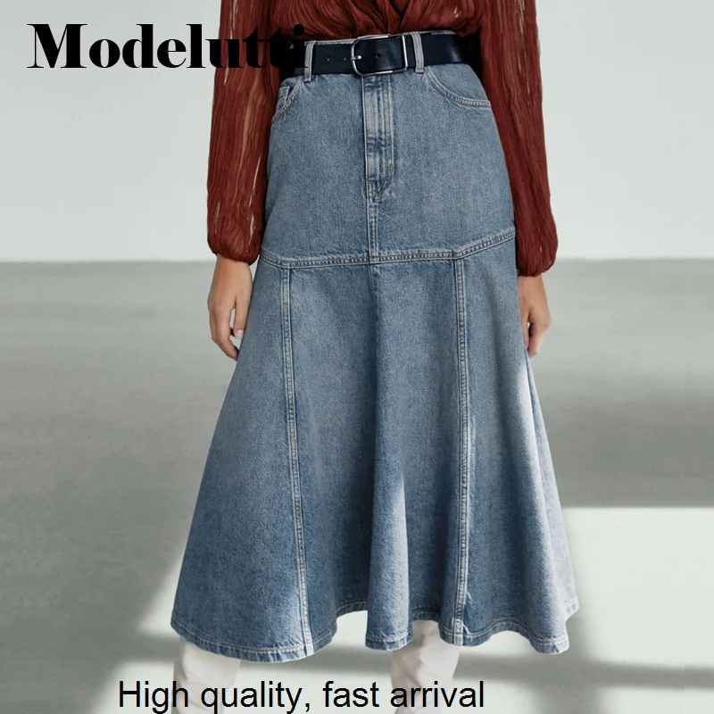 Spring 2023 New Autumn Fashion Denim Skirt Wide Pendulum Design Panelled Skirt Simple Casual Elegant Bottoms Women