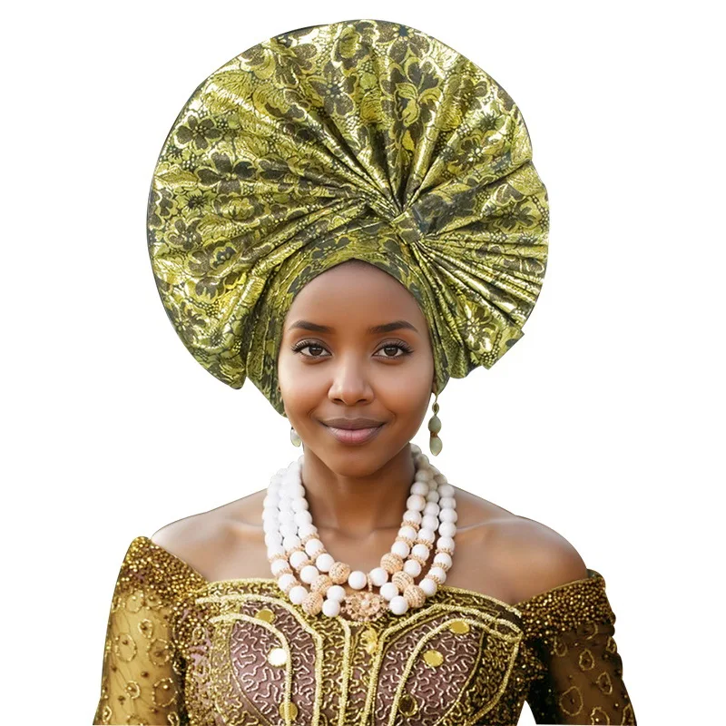 

Nigerian Wedding Party Headpiece for Women Fan Shaped Auto Gele Headties Already Made Turban Cap African Headscarf Bonnet Hat