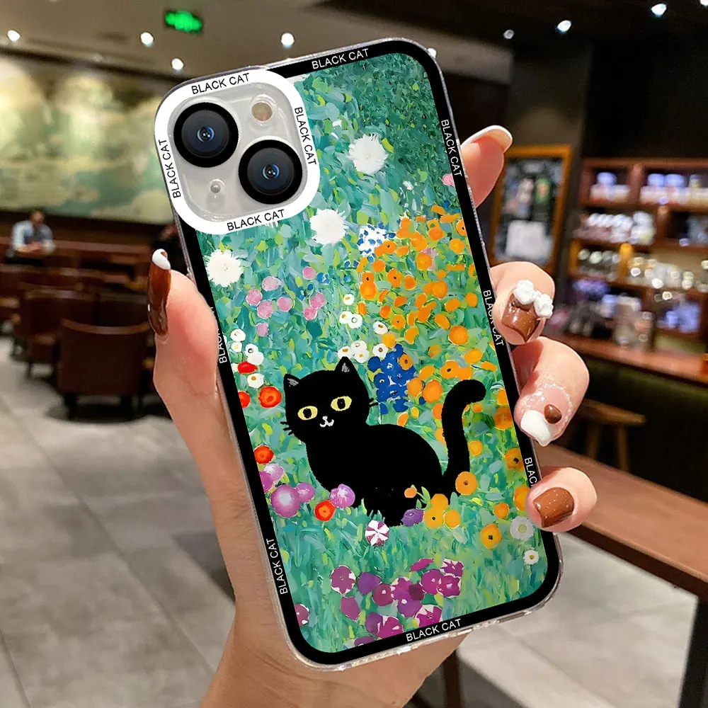 Retro Oil Painting Flower Art Black Cat Phone Case for Samsung Galaxy S24 S23 S22 S21 S20 Ultra Plus FE Soft Covers Fundas Coque