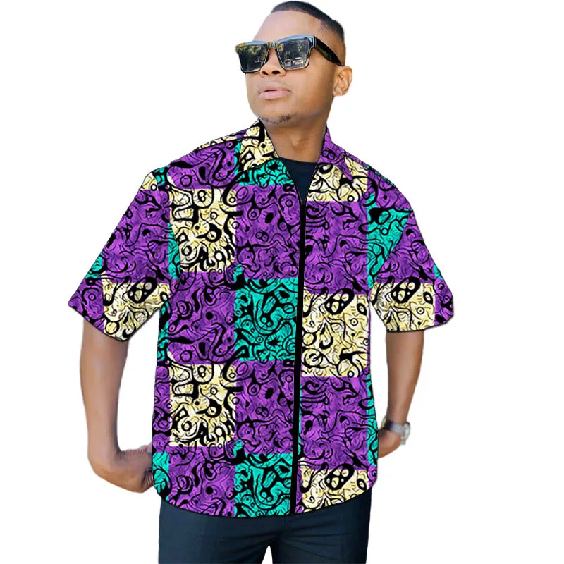 African Couture Herren-Mantel mit halben Ärmeln, nigerianische Mode, originelles Design, Herren-Reißverschlussjacke, Umlegekragen, maßgeschneidert