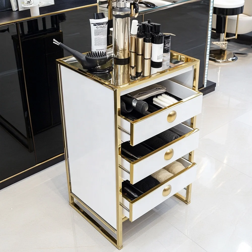 Troli Pangkas Rambut Kecantikan Logam Emas Putih Peralatan Salon Rambut Troli Salon