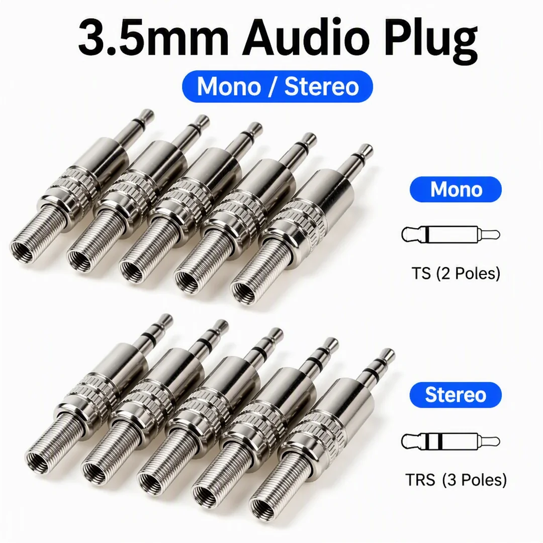 5Pcs Metal Repair 3.5mm Male Headphone Plug Mono Stereo Audio Solder Cable Connector 2Pole 3Pole Earphone Jack Adapter