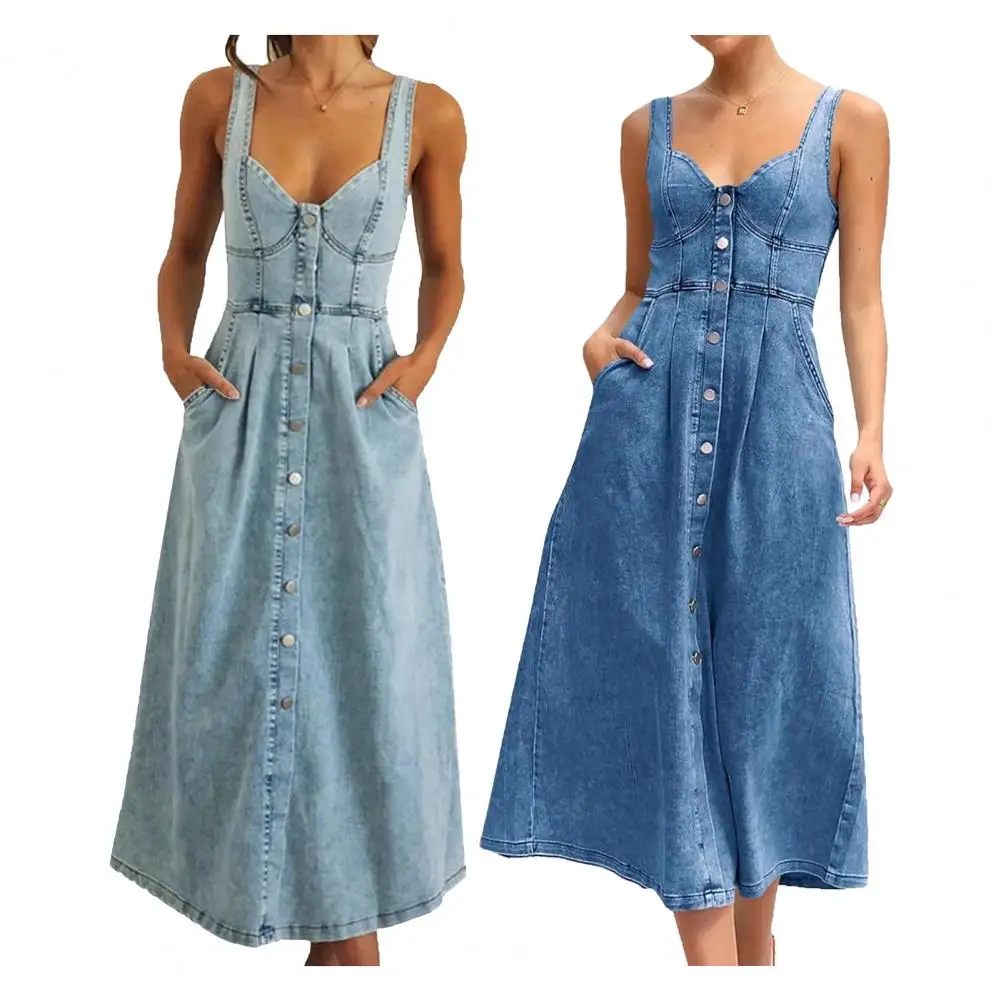 Robe en jean pour femmes, col à la mode, délavé, débardeur, sans manches, robe de plage, de fête, vêtements élégants, été ﻿