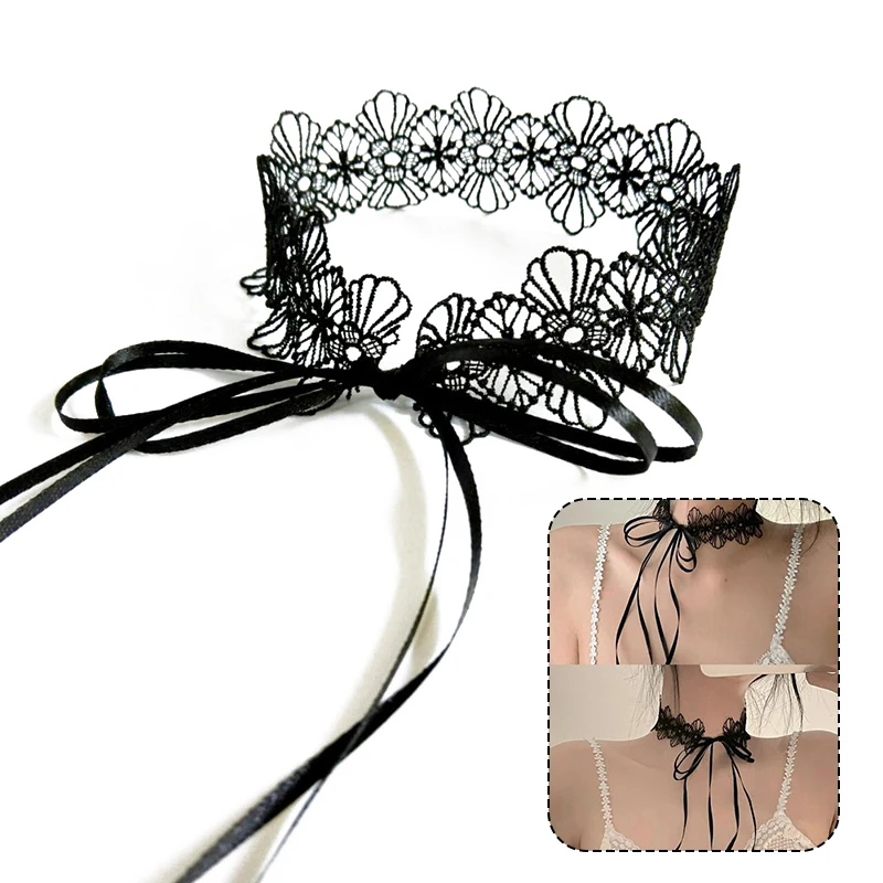 Black Lace Choker For Women Girls Gothic Bowknot Choker With Long Ribbon Lolita Clavicle Chain Necklace Halloween Jewelry Gift