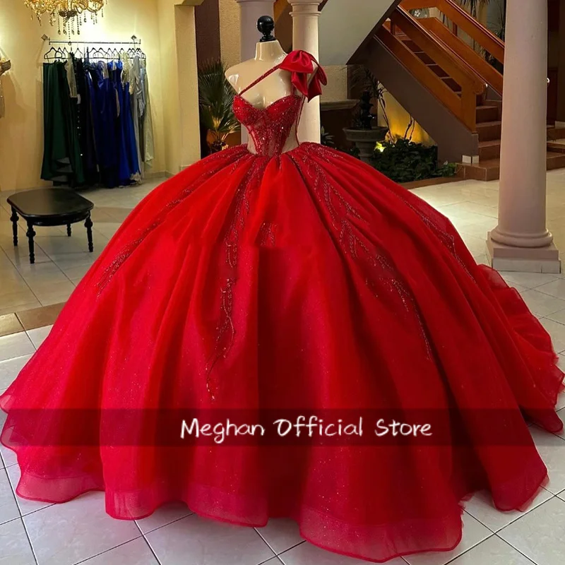 Splendide robe De Quinceanera en dentelle à paillettes pour filles, avec nœud d'illusion, asymétrique épaule dénudée, personnalisée