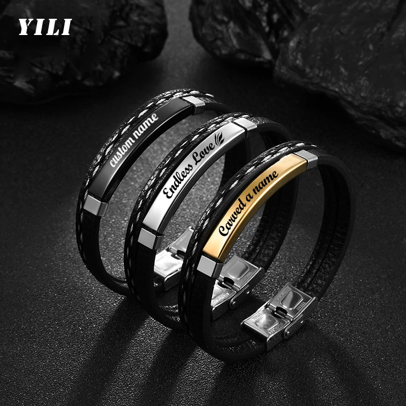 

Personalized Stainless Steel Engraving Nameplate Bracelet Custom Name ID Leather Bracelets for Men Dad Husband Father's Day