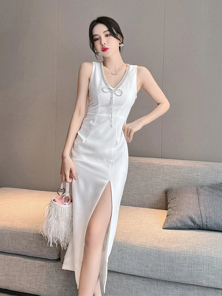 Summer Maxi Dress Women Elegant Sexy White Black Diamond Chain Tank Bodycon Split Robe Lady Party Gown Club Prom Vestido Mujer