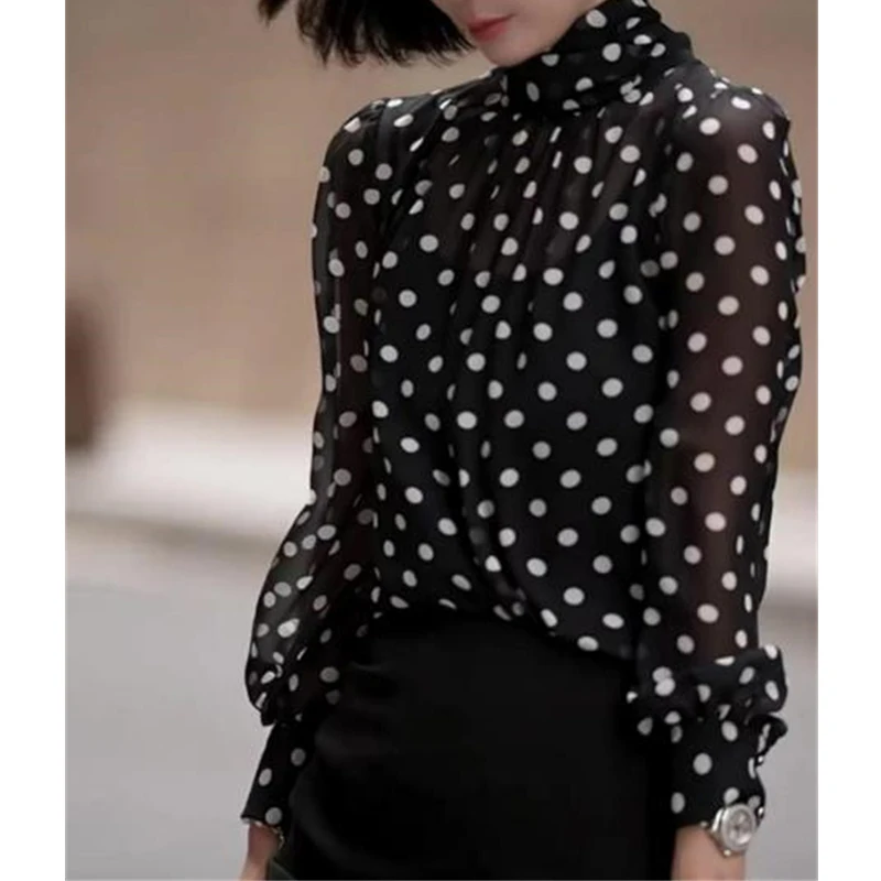 Women Fashion Polka Dot Printed Ruffled Blouses Office Lady Sexy Sheer Elegant Commute Shirts Half High Collar Long Sleeve Tops