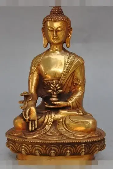 

20CM 8" old tibet buddhism bronze gilt Herbs healing Medicine sakyamuni Buddha statue