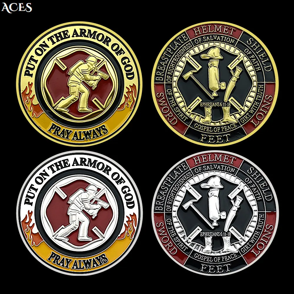 God's Armor Challenge Coin Brave Fireman Wishing Coin Pray Always In God We Trust Commemorative Medal Gift for Friends