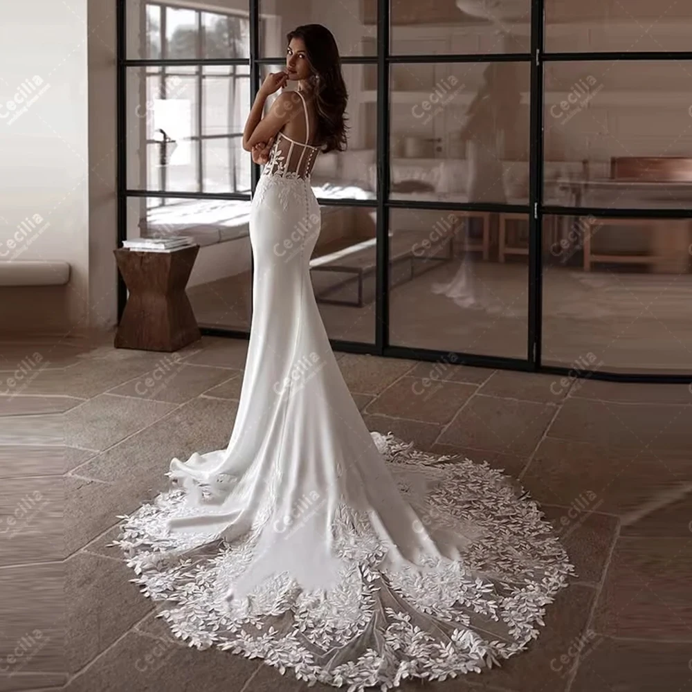 Glamorous Wedding Dresses Satin Bridal Gowns Lace Appliques Sleeveless Backless Robes Charming Customized Vestidos De Novia 2026