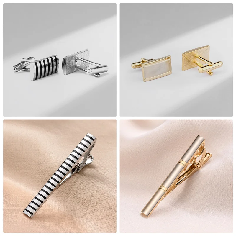 4 Sets Tie Clips & Cufflinks For Men Man Shirt Cufflink Wedding Guests Gift With Box Pisa Ties Pin Luxury Men's Gift For Husband
