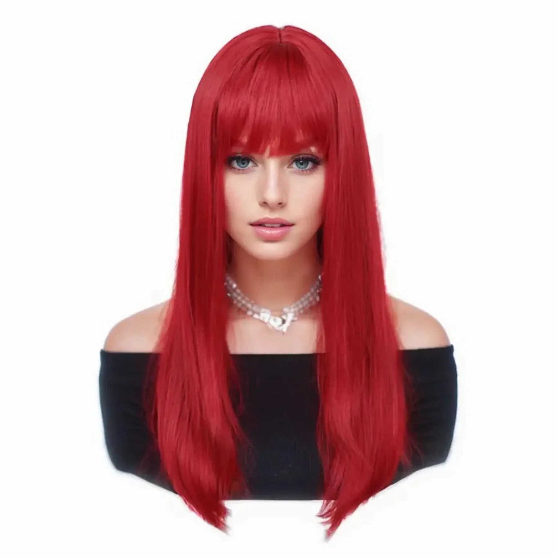 Syntheitc Hair Long Red Wigs for Women Silky Straight Wig with Bangs Clearance Sale Cheap Wig Cosplay Drag Queen Roleplay Wigs