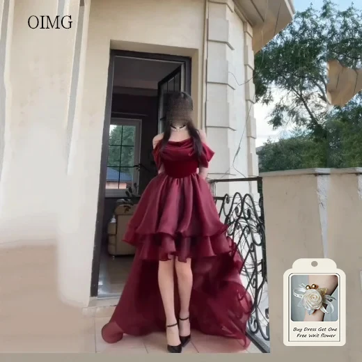 OIMG Elegant Burgundy Off The Shoulder Asymmetry Prom Gowns Backless Gala-ready Party Gown Floor Length Evening Dress Customized