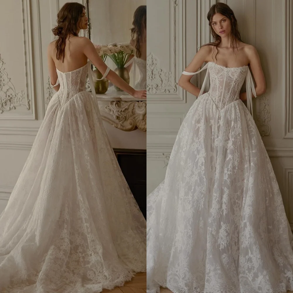 

Customized Luxury Lace Bridal Gowns Exquisite Chapel Train Evening Dress Temperament Sleeveless Strapless Dresses 2025 Woman