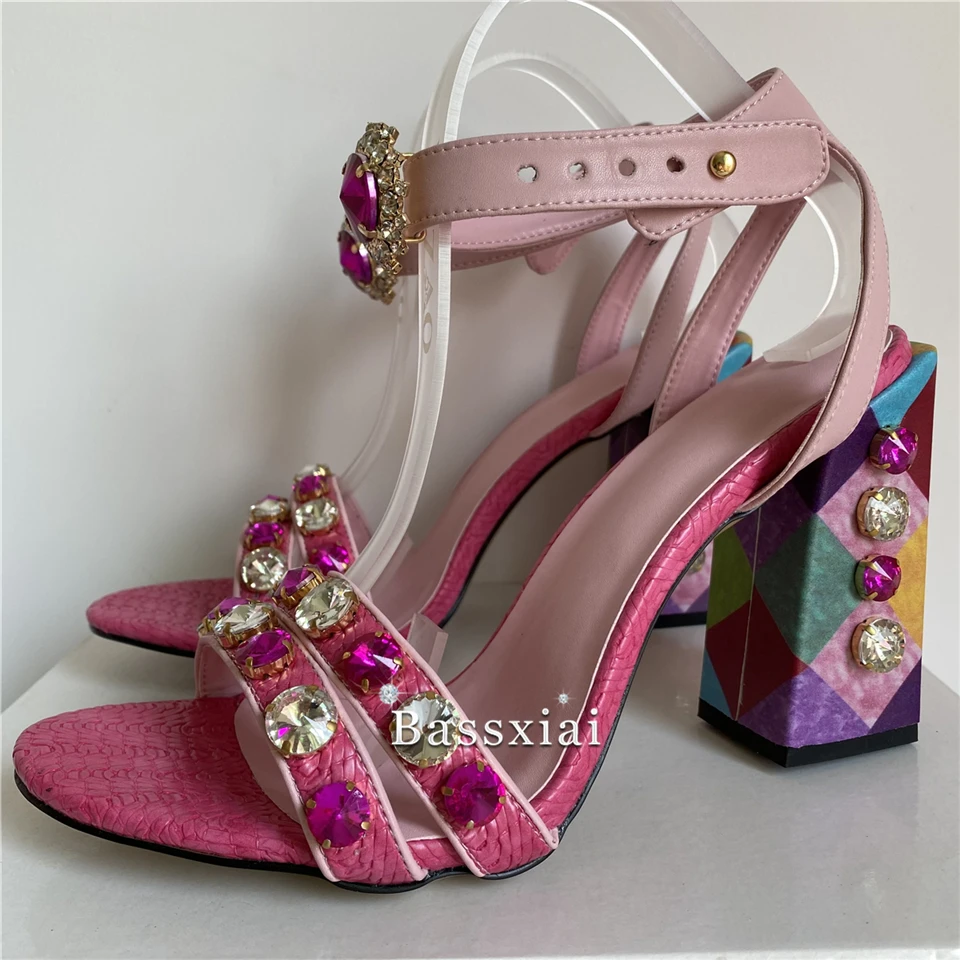 Diamond Rhinestone Chunky Heel Sandals For Girls Ankle Strap Open Toe Crystal Jeweled Strappy Summer Sandalias De Mujer