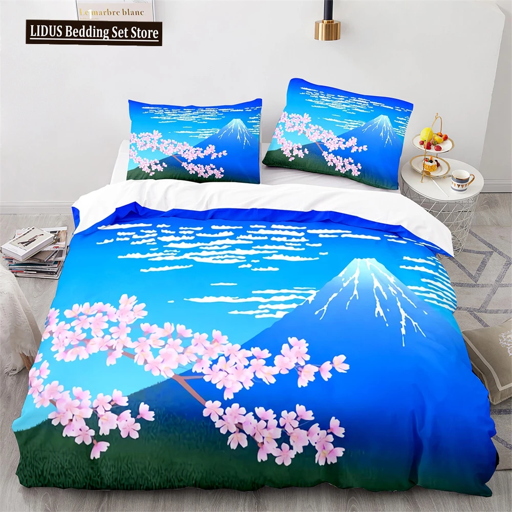 

Japanese-Style Bedding Set Ukiyo-e Theme Comforter Cover Pink Cherry Blossoms Mountain Pattern Decor Duvet Cover For Kids Teens