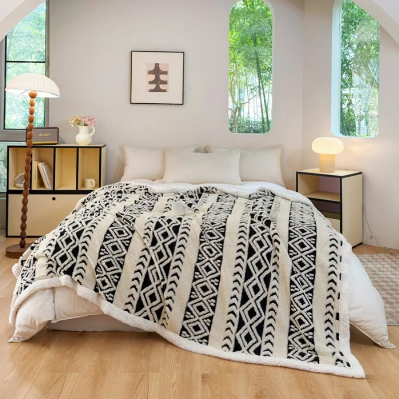 Soft Cozy Jacquard Geometric Throw Blanket Sofa Bed Cover Warm Fleece Imitation Sherpa Versatile Home Decor Blankets 59*79inch