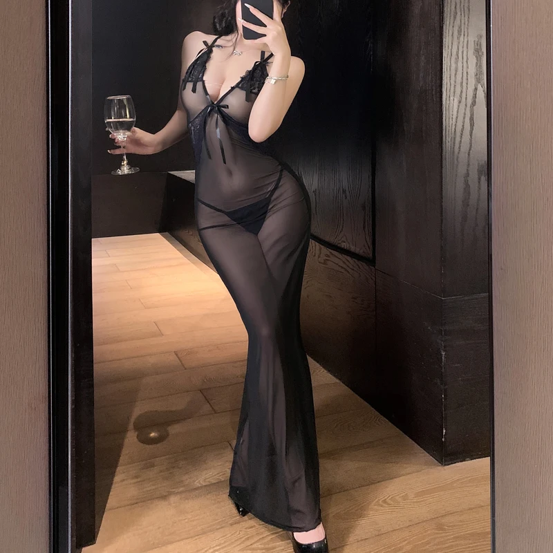 Seksowna długa sukienka, erotyczna bielizna, prześwitująca koronkowa sukienka, namiętna pokusa, uniform biurowy, uniform do flirtowania, obcisły strój do klubu nocnego.
