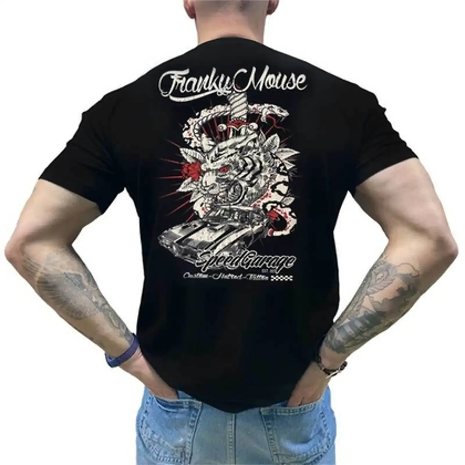 Franky Mouse Speed Garage Custom Hotrod Tattoo T Shirt S Black vintage Washed graphic Unisex Stretched homme Comfortable