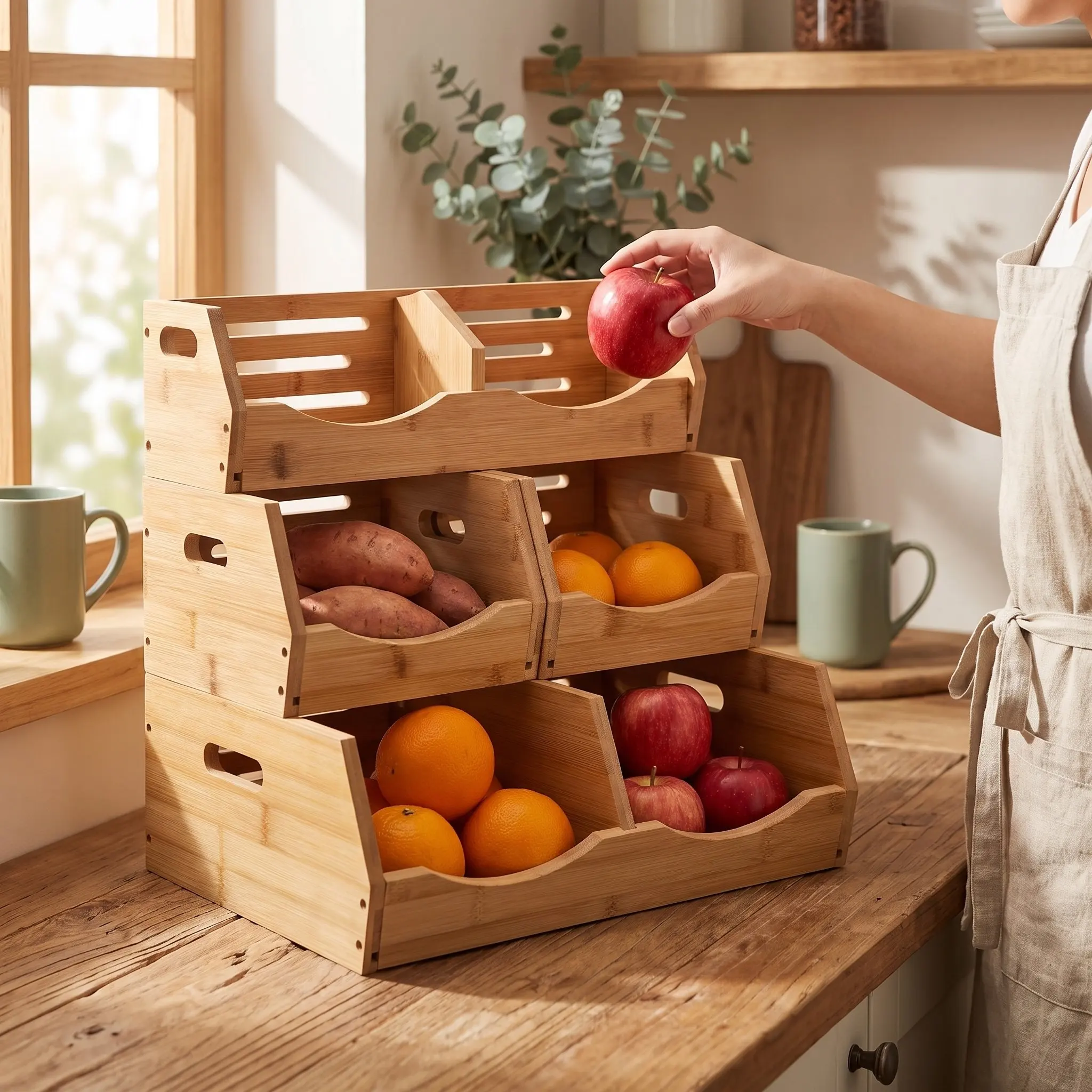 3 -Tier Bamboo Pantry Holder Kitchen Cabinet Fruit Organizer Storage Basket with Handles Baskets 3-tier Vegetable