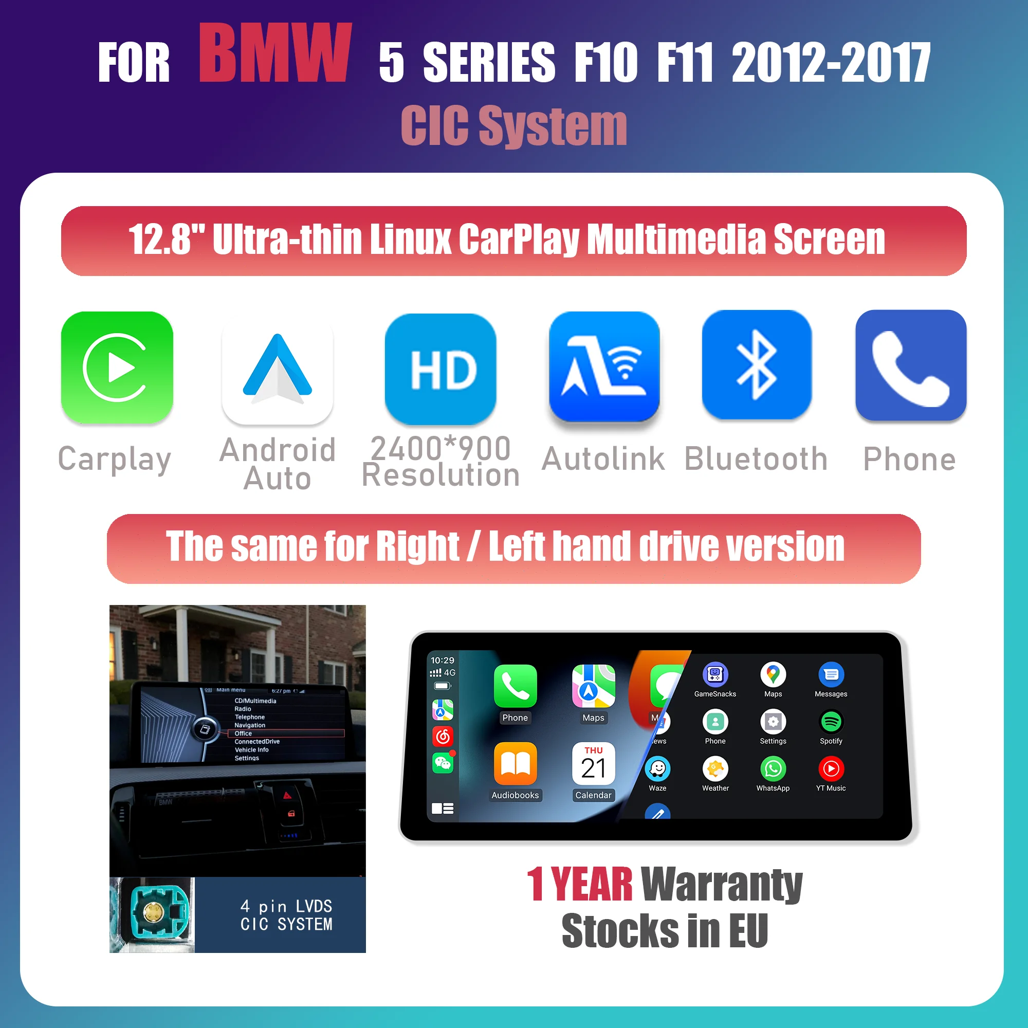 12.8“ 2400*900P Draadloze CarPlay Android Auto Autoradio Multimedia Voor BMW 5 Serie F10 F11 CIC NBT Systeem 2012-2017 GPS Stereo