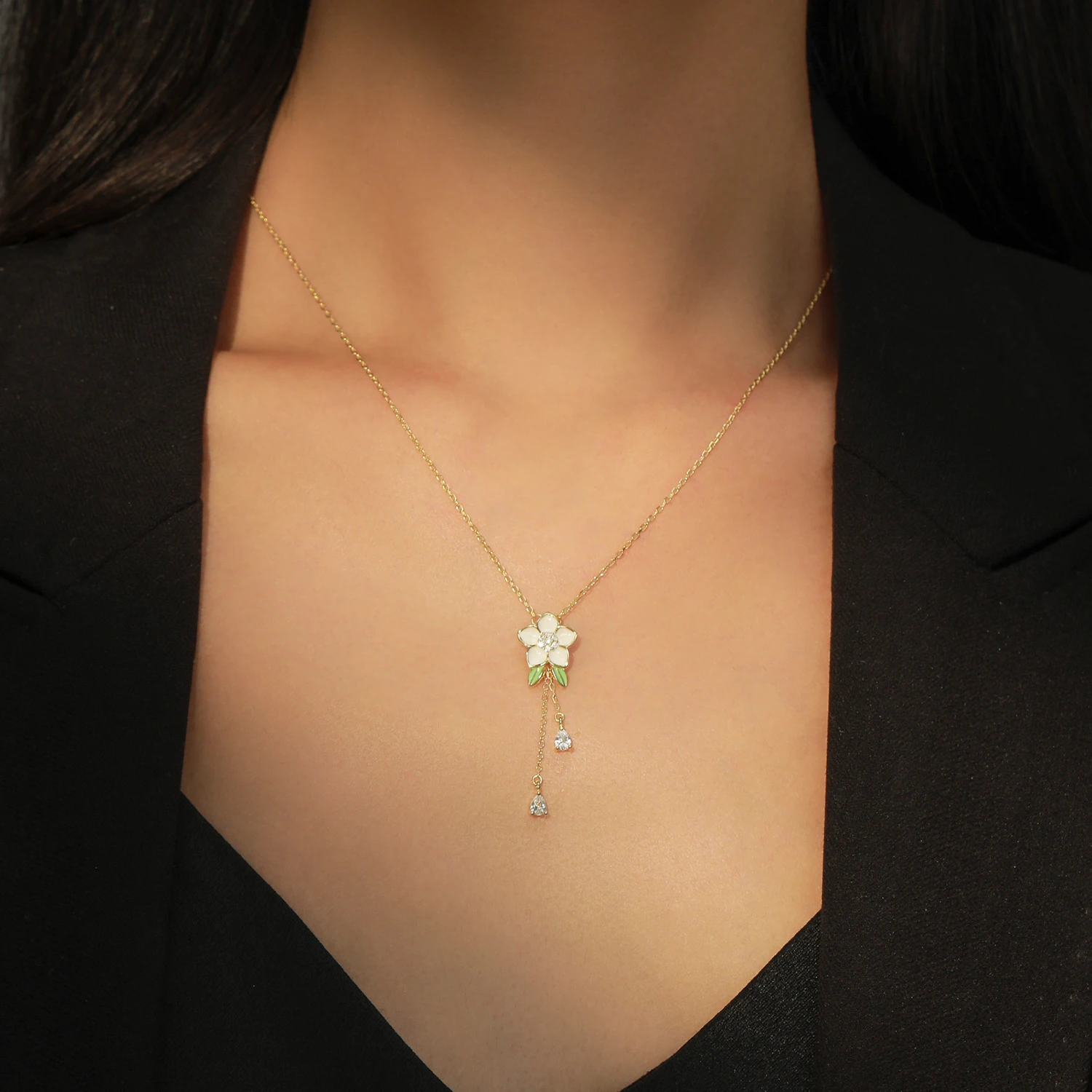 Ailmay 925 Sterling Silver Romantic frangipani Enamel Necklace Shiny CZ Flower Pendant Link Chain For Women Anniversary Jewelry